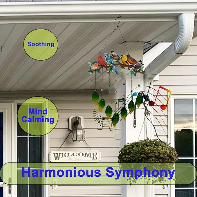 Red Cardinal Wind Chimes Outdoor - Colorful Metal & Glass Leaves Hanging Decor for Garden, Yard, Porch