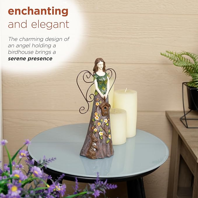 Alpine Corporation WQA1552 Floral Woodland Angel Holding Birdhouse Statue, Sentimental Decor for Garden & Patio, 12" H
