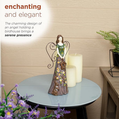 Alpine Corporation WQA1552 Floral Woodland Angel Holding Birdhouse Statue, Sentimental Decor for Garden & Patio, 12" H