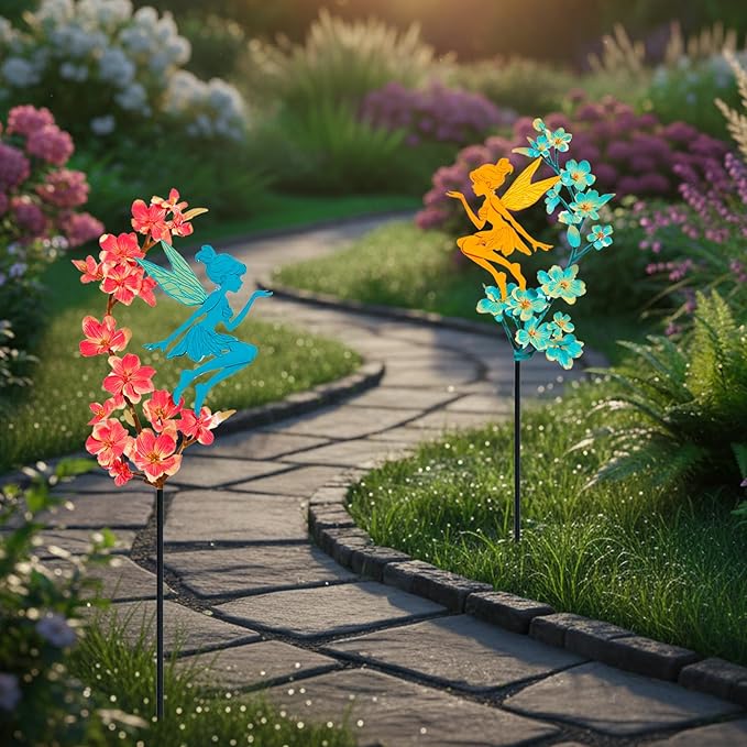 2 Pack Colorful Metal Fairy Garden Stakes - Fairy Sitting on Blooming Flower Outdoor Yard Decorations, Rustproof Garden Ornaments for Lawn, Patio & Flower Beds(Fairys1)
