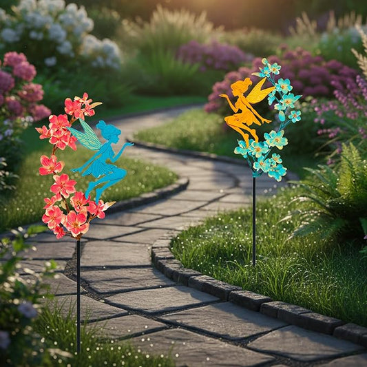 2 Pack Colorful Metal Fairy Garden Stakes - Fairy Sitting on Blooming Flower Outdoor Yard Decorations, Rustproof Garden Ornaments for Lawn, Patio & Flower Beds(Fairys1)