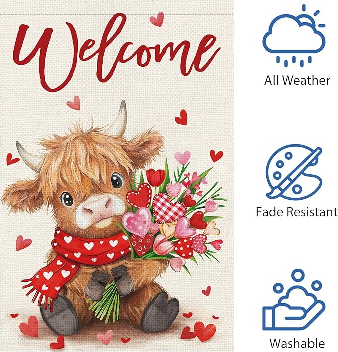 Heyfibro Welcome Valentine's Day Highland Cow Garden Flag 12 x 18 Inch Double Sided Burlap, Floral Heart Bouquet & Red Scarf Yard Flag for Outdoor Romantic Holiday Decoration (ONLY FLAG)