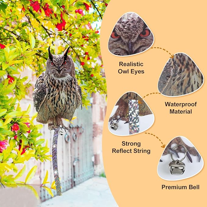 4Pcs Fake Owl Hanging Decoration, Reflective Bird Scare for Garden Patio, Plastic Owl Deterrent with Reflective Tape to Scare Birds Away for Windows Tree