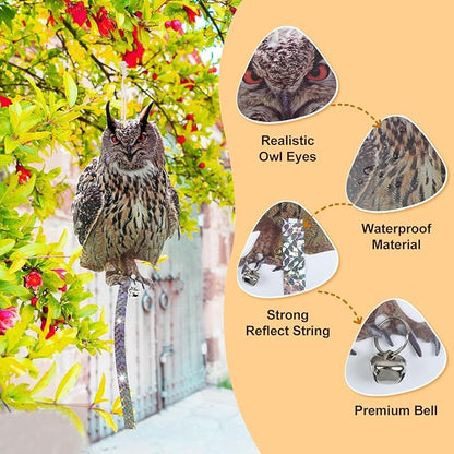 Fake Owl Hanging Decoration, Reflective Bird Scare for Garden Patio, Plastic Owl Deterrent with Reflective Tape to Scare Birds Away for Windows Tree