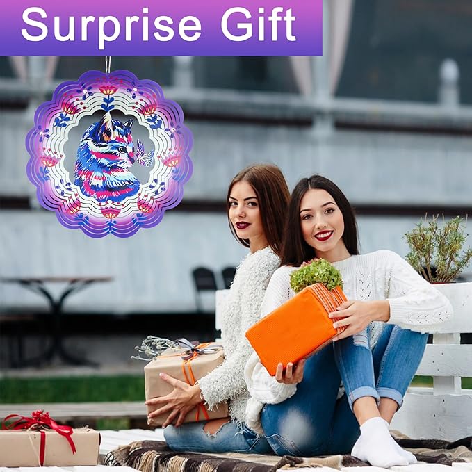 Wind Spinner Mandala 12 inch 3D Stainless Steel Laser Cut Metal Art Geometric Pattern Hanging Wind Spinner (Purple Cat)