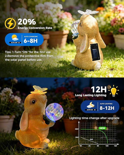 Hogni Solar Bunny Garden Statue Outdoor Decor, Rabbit Figurines with LED Light, Waterproof Solar Powered Yard Art for Patio, Balcony, Lawn, Cute House Warming & Birthday Gifts for Mom, Grandma, Women