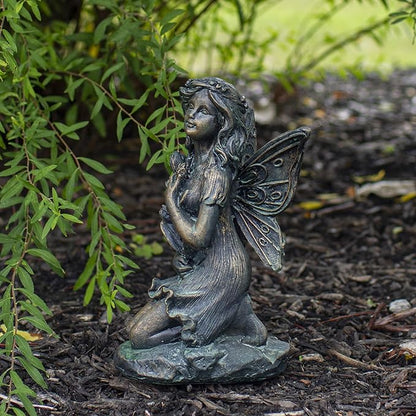 Northlight Set of 2 Bronze Kneeling Fairies with Flowers and a Butterfly Outdoor Garden Statues - 7"