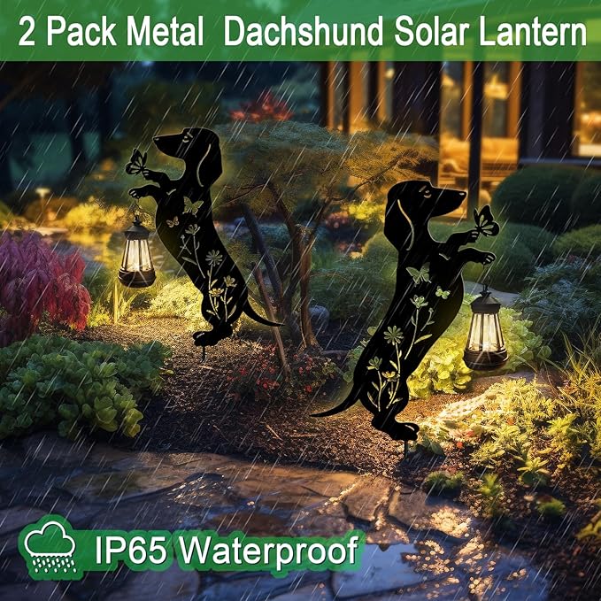 Solar Lights Outdoor Pathway,2 Pack Metal Dachshund Yard Decor with Solar Lantern Garden Stakes,Outside Decorations for Yard,Lawn,Patio,Perfect Dog Gifts for Women