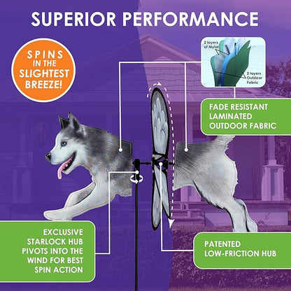 Premier Kites Petite Spinner Husky – Whimsical Wind Spinner for Yard & Garden, Durable Weather-Resistant Fabric, Easy to Assemble, Outdoor Decor for Patios, Lawns, and More