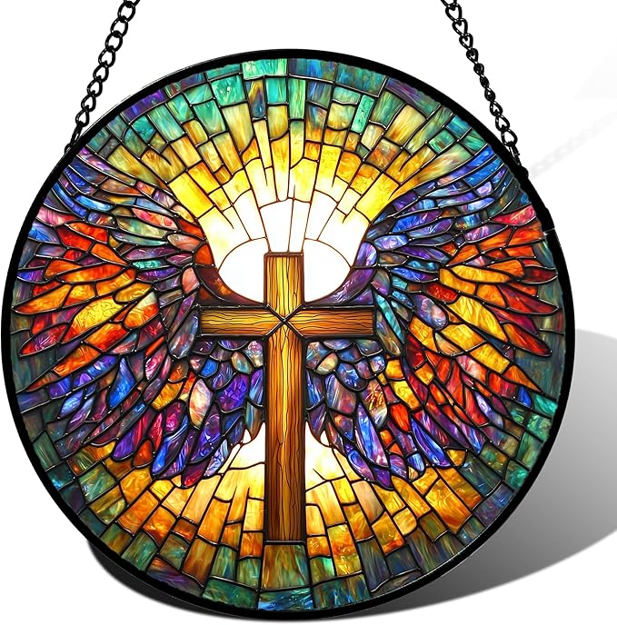 DASTOLL Stained Glass Window Hanging - Jesus Cross Wings Suncatcher Ready to Hang Window Doors Home Decoration and Christmas, Mother's Day Birthday Gifts for Women, Men, and Mom 14.9x14.9 in