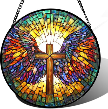 DASTOLL Stained Glass Window Hanging - Jesus Cross Wings Suncatcher Ready to Hang Window Doors Home Decoration and Christmas, Mother's Day Birthday Gifts for Women, Men, and Mom 14.9x14.9 in