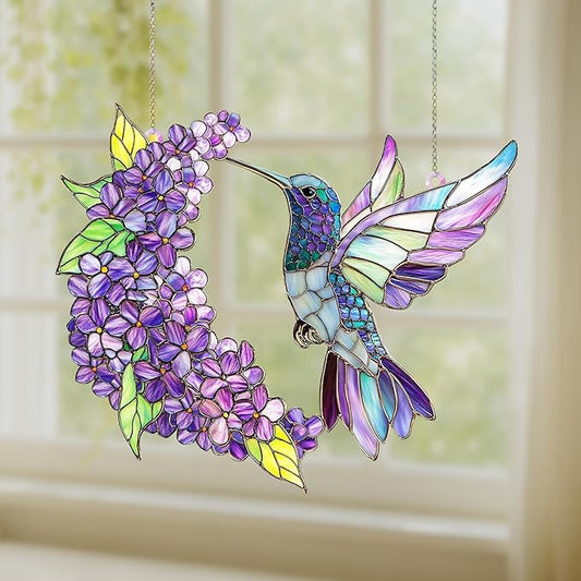 Purple Floral Hummingbird Acrylic Suncatcher, Hummingbird Window Hanging Ornaments, Stained Glass Effect Garden Decor, Gift for Mother's Day, Mom, Grandma, Wife, Women