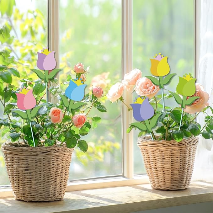 Cinrobiye 12Pcs Spring Floral Flower Planter Stakes Tulip Daisy Pot Signs 5.9Inches Colorful Floral Garden Stake Outdoor Lawn for Spring Party Patio Yard Outside Greetings Home Farmhouse Decor