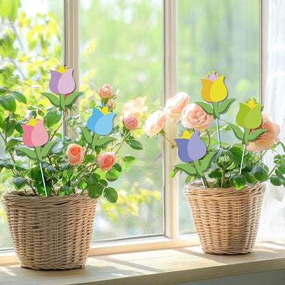 Cinrobiye 12Pcs Spring Floral Flower Planter Stakes Tulip Daisy Pot Signs 5.9Inches Colorful Floral Garden Stake Outdoor Lawn for Spring Party Patio Yard Outside Greetings Home Farmhouse Decor