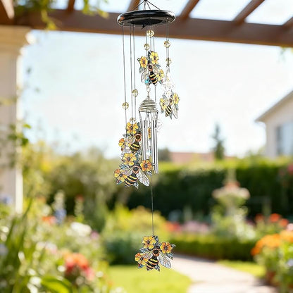 YU FENG Bee Wind Chimes with Crystal Suncatcher – 27 Inch Memorial Wind Chime for Outdoor Garden Decor, Bee Gifts for Mom/Grandma, Metal Windchimes for Yard/Patio
