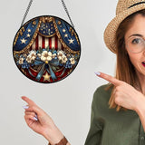 Stained Glass Window Hanging White Flower American Flag Element 9.8" - Suncatcher Door Garden Sun Catcher Home Decor Birthday Christmas for Mom Woman Friend Nana