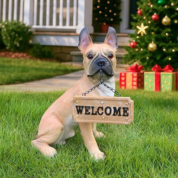 Outdoor French Bulldog Dog Statue with Interchangeable Welcome Sign and Detachable Solar Lantern –LED Light Garden Dog Sculpture Décor, Cute Puppy Design for Yard, Porch, Gift
