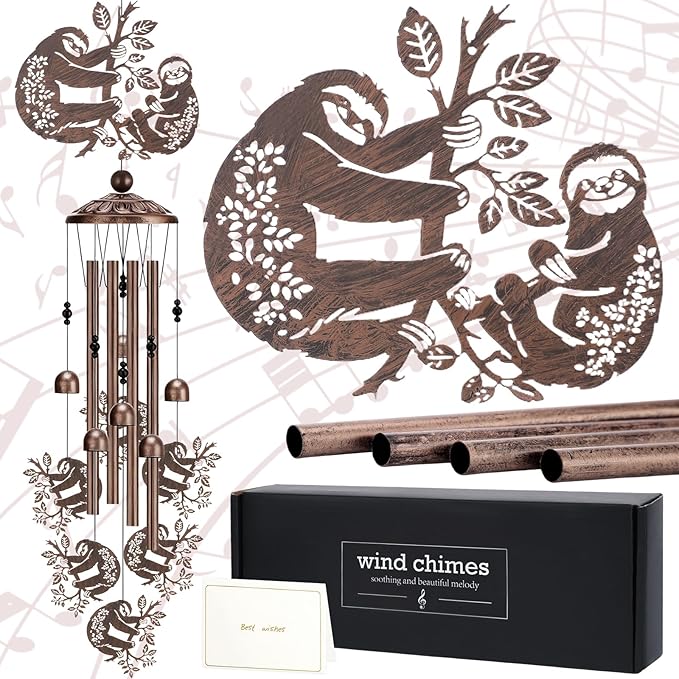 Wind Chimes for Outside - Sloth Gifts for Women Mom Grandma Metal Windchime with Greeting Card Garden Yard Patio Hanging Decor Thanksgiving Christmas New Year Art Decoration Birthday Gift