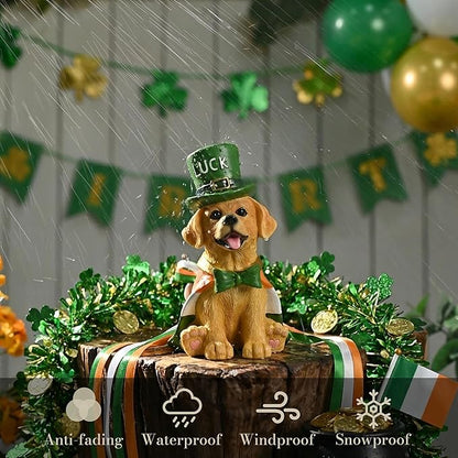 TERESA'S COLLECTIONS Saint Patrick's Day Decor, Dog Statue with Irish Costume and Solar Light, Waterproof Resin Garden Decor, Saint Patrick's Day Decor Gift for Party 8 Inch
