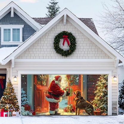 HOMETITUTE Christmas 13x6ft Garage Door Banner Santa Claus Dog Gift Scene Winter Night Holiday Porch Backdrop Indoor Outdoor Wall Background Decor Festive Family Celebration Display Party