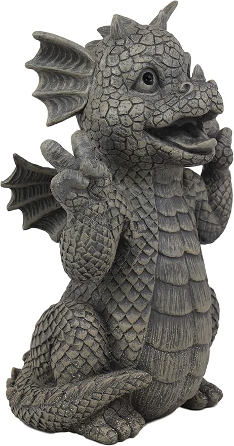Ebros Whimsical Garden Dragon with Hippie Peace Sign Gesture Statue 10.5" Tall Cute Baby Dragonling Smiling Wide Faux Stone Resin Finish Figurine Home Decor Sculpture