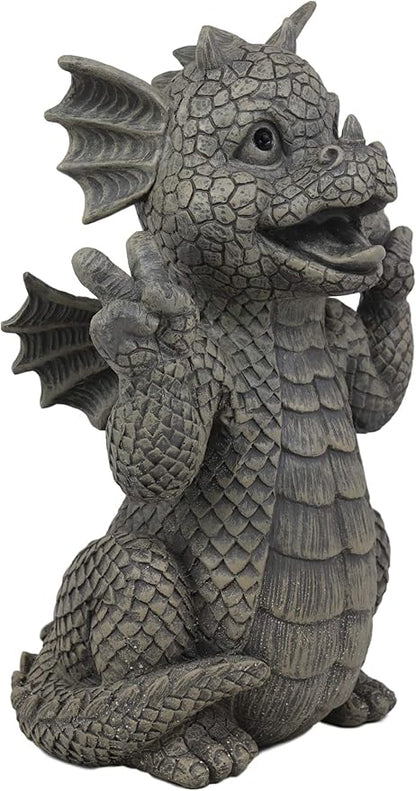Ebros Whimsical Garden Dragon with Hippie Peace Sign Gesture Statue 10.5" Tall Cute Baby Dragonling Smiling Wide Faux Stone Resin Finish Figurine Home Decor Sculpture