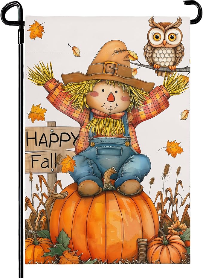 Happy Fall Pumpkins Scarecrow Garden Flags Double Sided Burlap Autumn Yellow Pumpkin Owl Yard Flag Seasonal Outside Patio Farmhouse Garden Yard Lawn Outdoor Decorative 12 x 18 Inch