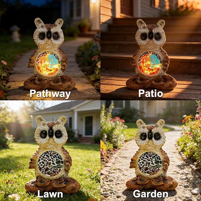 Solar Owl Garden Statues Decor for Outdoor, Brown Yoga Owl Figurine Lights for Lawn Patio Yard Decoration - Unique Christmas Housewarming Gift for Grandma Wowen Mom