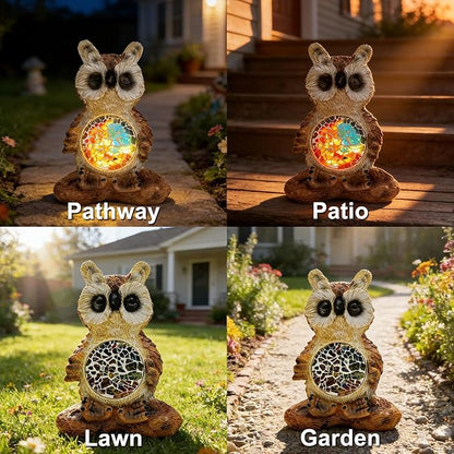 Solar Owl Garden Statues Decor for Outdoor, Brown Yoga Owl Figurine Lights for Lawn Patio Yard Decoration - Unique Christmas Housewarming Gift for Grandma Wowen Mom