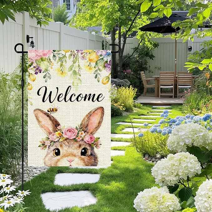 IVN Easter Bunny Garden Flag 12x18 Welcome Cute Bunny Face Floral Crown Roses Spring Flowers Bee Watercolor Double Sided Yard House Flag Seasonal Outdoor Decoration for Outside Home Front Door Lawn Porch Patio Welcome Spring Decor