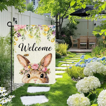 IVN Easter Bunny Garden Flag 12x18 Welcome Cute Bunny Face Floral Crown Roses Spring Flowers Bee Watercolor Double Sided Yard House Flag Seasonal Outdoor Decoration for Outside Home Front Door Lawn Porch Patio Welcome Spring Decor