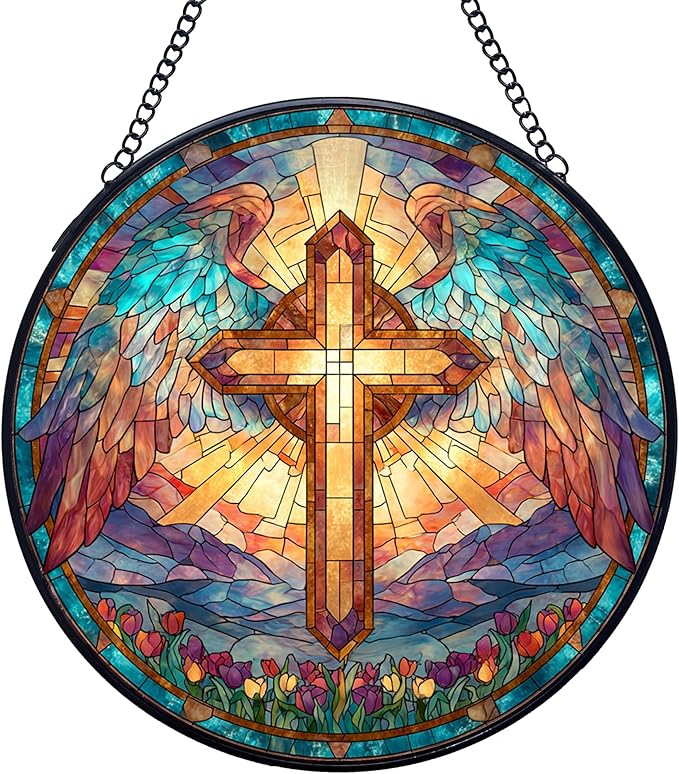 Cross Stained Glass Window Hanging Suncatchers, Christian Cross Sun Catchers Indoor Window Glass Wall Art Decor, Religious Biblical Wall Hanging Decorations Sculptures, 7.9x7.9in