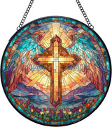 Cross Stained Glass Window Hanging Suncatchers, Christian Cross Sun Catchers Indoor Window Glass Wall Art Decor, Religious Biblical Wall Hanging Decorations Sculptures, 7.9x7.9in