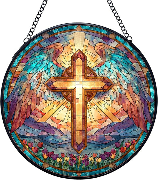 Cross Stained Glass Window Hanging Suncatchers, Christian Cross Sun Catchers Indoor Window Glass Wall Art Decor, Religious Biblical Wall Hanging Decorations Sculptures, 7.9x7.9in