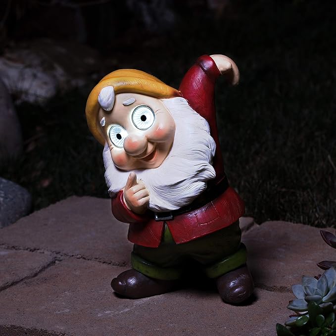 Blazin' Solar Garden Gnome Decor | Patio Decorations Outdoor Lawn Ornaments | Solar Light Elf Figurine for Yard, Balcony, Deck | Weather Resistant | Patio Gift | Auto On/Off - (Red)