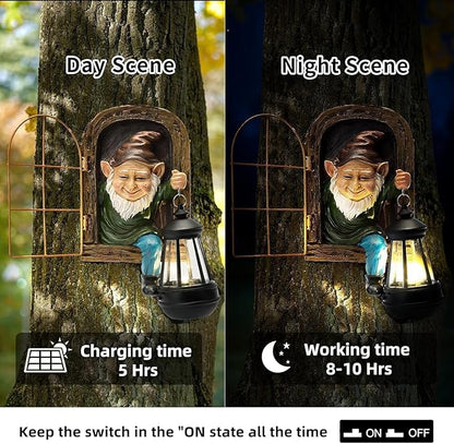 Garden Gnome Decor Outdoor Statue - Gnome With Solar Waterproof Lantern, Whimsical Elf Out The Door Tree Hugger Garden Statues, Home, Fence, Patio, Resin Ornament, Gardening Gift Tree Faces Gnomes