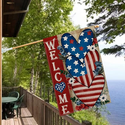 AVOIN colorlife 4th of July Love Heart House Flag 28x40 Inch Double Sided Outside, Welcome Independence Day Patriotic Stars and Stripes Yard Outdoor Decoration
