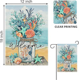 Welcome Summer Mason Jar Decorative Garden Flag, Beach Coastal Coral Starfish Shell Sea Horse Yard Outside Decorations, Nautical Seasonal Burlap Outdoor Small Home Decor Double Sided 12 x 18