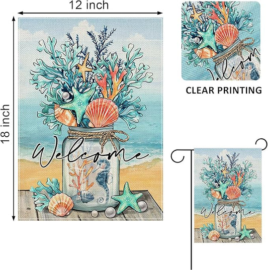 Welcome Summer Mason Jar Decorative Garden Flag, Beach Coastal Coral Starfish Shell Sea Horse Yard Outside Decorations, Nautical Seasonal Burlap Outdoor Small Home Decor Double Sided 12 x 18