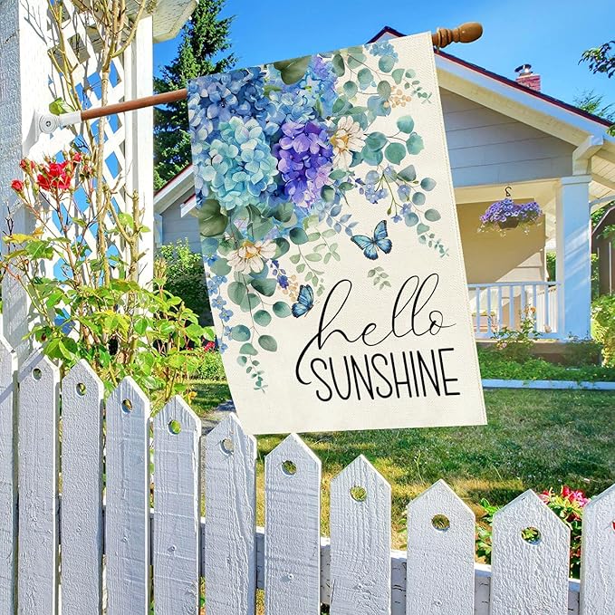 Baccessor Spring House Flag 28 X 40 Inch, Blue Purple Hydrangea Double Sided Burlap Welcome Large Yard Flag Seasonal Holiday Lawn Proch Outdoor Outside Decor