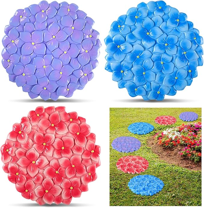 Cinnvoice 3 Pack Garden Stepping Stone Outdoor, Decorative Dimensional Resin Stepping Stones for Patio Pathway Landscaping Walkway Sculpture Yard Backyard Lawn(Hydrangea,10 Inches)