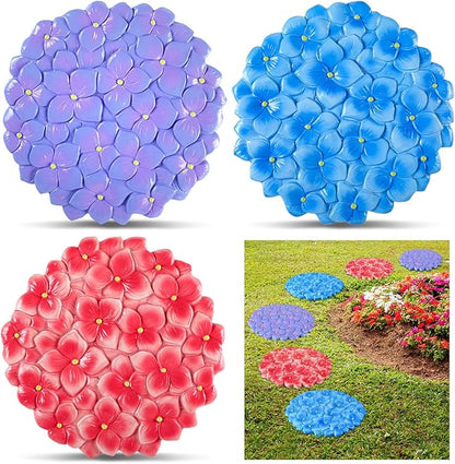 Cinnvoice 3 Pack Garden Stepping Stone Outdoor, Decorative Dimensional Resin Stepping Stones for Patio Pathway Landscaping Walkway Sculpture Yard Backyard Lawn(Hydrangea,10 Inches)