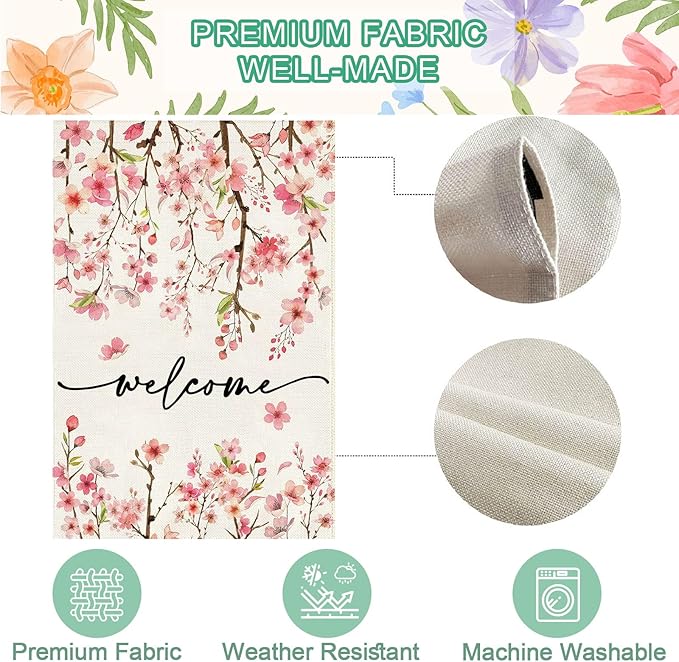 Baccessor Spring Summer Welcome House Flag 28 x 40 Inch Double Sided Burlap Pink Floral Cherry Blossom Green Leaf Farmhouse Large Yard Flag Summer Holiday Seasonal Outdoor Outside Decoration