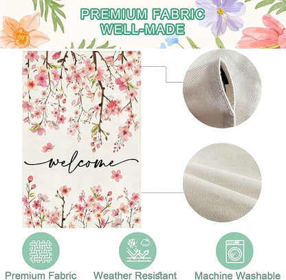 Baccessor Spring Summer Welcome House Flag 28 x 40 Inch Double Sided Burlap Pink Floral Cherry Blossom Green Leaf Farmhouse Large Yard Flag Summer Holiday Seasonal Outdoor Outside Decoration