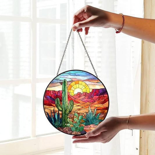 7.8" Cactus Suncatcher Stained Glass Window Hanging Green Plant Sun Catchers Desert Landscape Ornament Wall Art Door Terrace Garden Home Decor Birthday for Women Men Mom