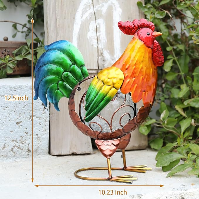 MUMTOP Rooster Solar Lights Outdoor Garden Decor, Rooster Solar Light Outdoor Waterproof with Crackle Glass Globe Gardening Statue Gifts and Metal Chicken Yard Art for Lawn Porch Patio Outside Garden