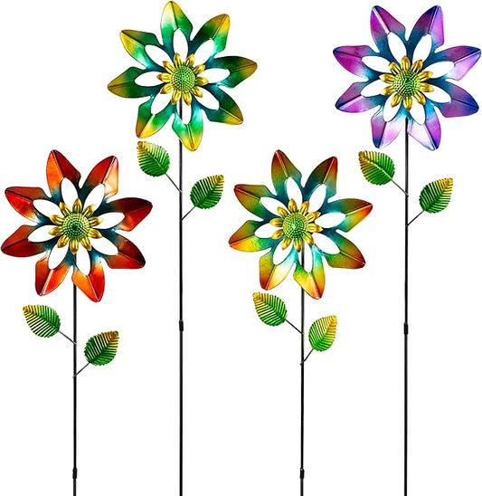 4 Pack Wind Spinners Outdoor, Colorful Small Flower Windmill, Metal Pinwheels Decorative Garden Stakes for Yard Patio Lawn Garden Decor, 27 x 7 Inches
