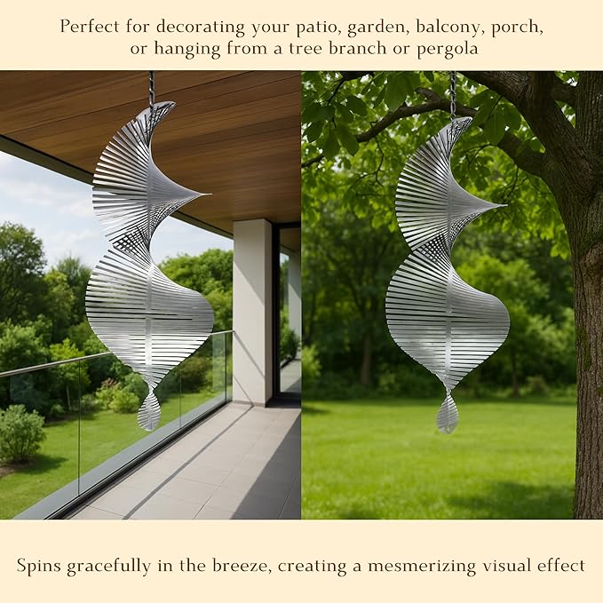 3D Stainless Steel Wind Spinner – 11.8" Hanging Garden Wind Spinner for Outdoor & Indoor Decor | Kinetic Metal Yard Art for Patio, Balcony, Porch or Living Room - Easy Installation (Spiral)
