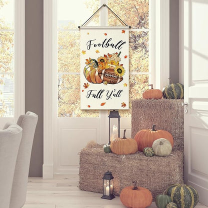 Tegeme 3 Pcs Fall Football Decorations Door Sign Flag Football Pumpkin Door Banner 12 x 20 Inch Autumn Welcome Hanging Banner Seasonal Holiday Flags Decoration for Outdoor Thanksgiving Party