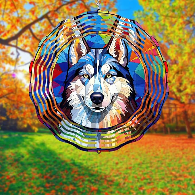 Husky Wind Spinner Pet Dog Memorial Gifts, Vibrant 3D Kinetic Metal Yard Art, Loss of Dogs Sympathy Gifts, Hanging Outdoor Garden Decor, 8" Decorative Wind Sculptures for Patio, Porch (Husky 5)